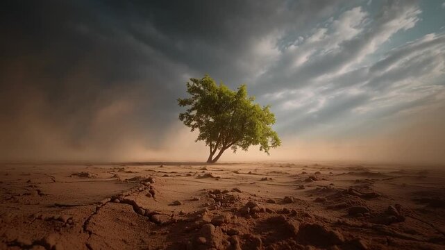 A single tree is positioned in a barren landscape marked by cracks in the ground. Dark clouds gather above, hinting at an impending storm during the late afternoon.