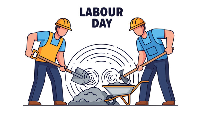 Labour Day: A pictorial representation of hard-working laborers during Labour day. Highlighting their tools and activities symbolizing their hard work. 