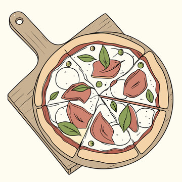 Gros plan sur une d&eacute;licieuse pizza ronde avec prosciutto, mozzarella et feuilles de basilic sur le dessus, servie sur une planche de bois 