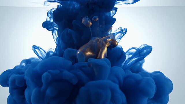 Liquid gold and blue abstract shapes swirl and blend in a bright, clean space