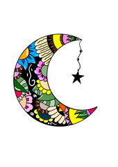 Naklejka premium Crescent Moon Vector Illustration Filled with Floral and Leaf Elements, Decorative Botanical Design for Sticker, Icon, Hippie Aesthetic, Christmas and Eid Mubarak Theme