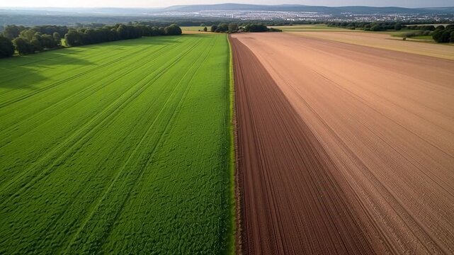The scene shows a clear divide between a lush green field and a brown harvested field. The landscape stretches far into the distance, capturing the essence of rural life during the fall season.