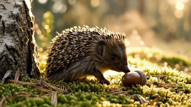 Hedgehog sniffs acorn on moss near birch tree during golden sunlight. Wildlife hedgehog explores acorn on forest moss. Animal sniffs nut near tree. Hedgehog with acorn in natural habitat setting.