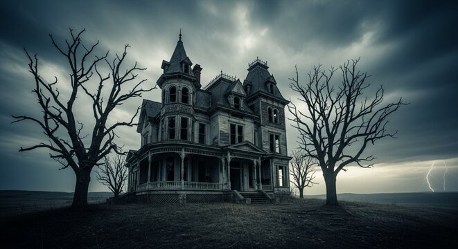 Abandoned Victorian Mansion on Desolate Hill Under Stormy Sky