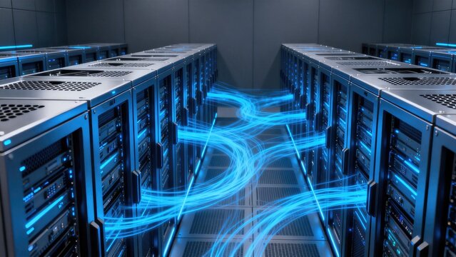 High speed data transfer between server racks in modern data center, cloud computing network infrastructure and big data technology concept