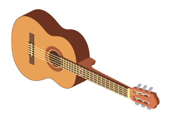 Obraz premium Acoustic guitar with six strings and wooden body presented in isometric view