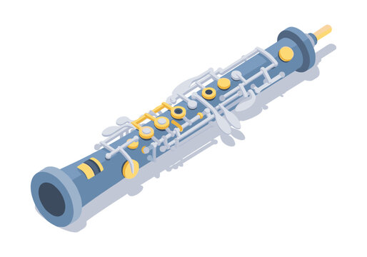 Isometric illustration of a blue oboe with silver and gold keys on a white background