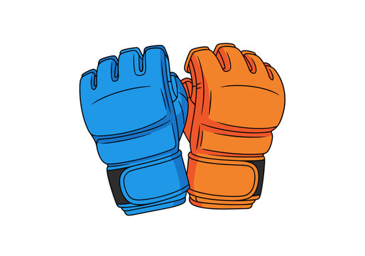 Pair of MMA gloves, one blue and one orange, ready for combat