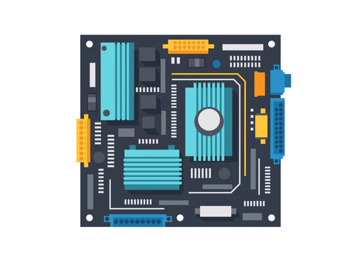 Flat design illustration of a computer motherboard with colorful components and connectors