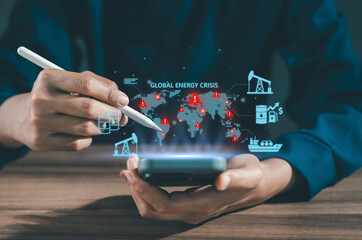 global energy crisis and geopolitical conflict concept, Business person using stylus on smartphone world map hotspots and oil rig icons, Economy Geopolitical risk, Petroleum Supply chain disruption © HappyEva