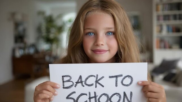 Eager Return to Education: A young girl, radiating optimism, beams at the camera, holding a sign announcing the return to education, a symbol of scholastic eagerness.