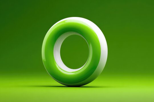 A 3D render of a glossy, ring-shaped object, two-toned in green and white, floats against a green gradient backdrop