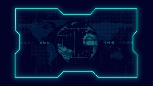 Cybernetic globe displayed within a futuristic digital interface border