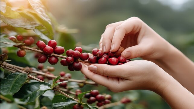 Hands pick ripe coffee cherries from a coffee plant with green leaves under sunlight in a plantation
