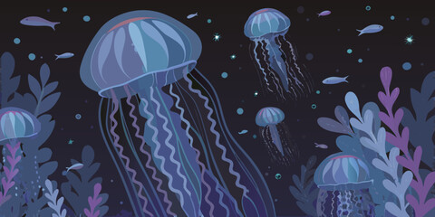 Stylized illustration of glowing jellyfish swimming in a deep blue ocean © Barsha