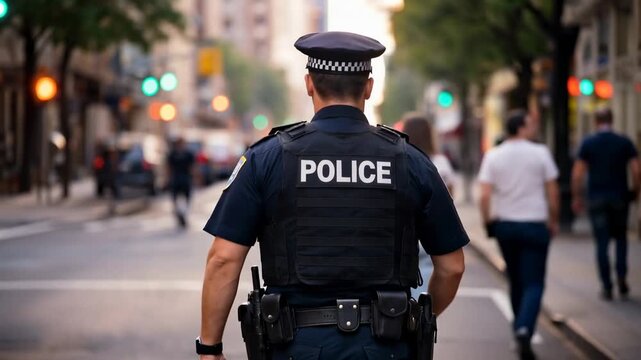 Police officer walking in city street from behind urban law enforcement security patrol scene