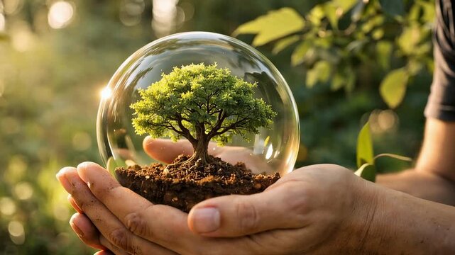 Small tree growing inside glass sphere held in hands eco concept of nature protection and care