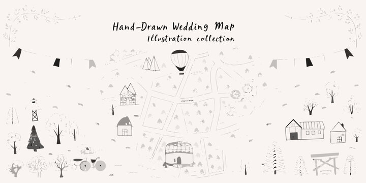A whimsical hand drawn wedding map illustration with charming details