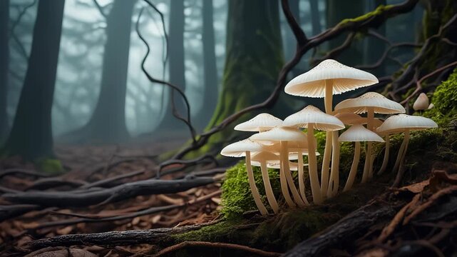 Delicate White Mushroom Cluster Emerges from Forest Floor with Mossy Roots, Natural Wildlife Detail.
