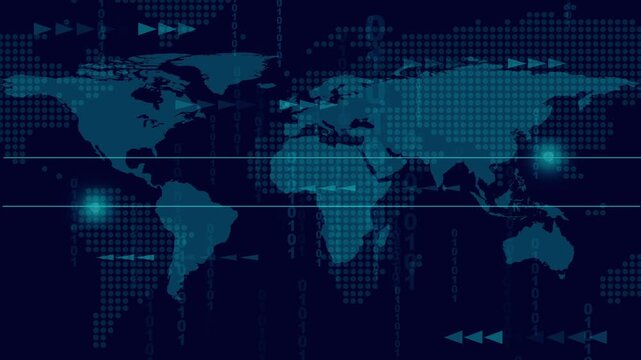 Global digital network map with highlighted data points on continents
