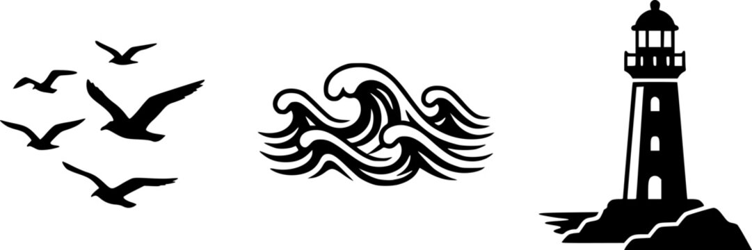 Black and white nautical icons featuring lighthouses waves and birds &ndash; Black Vector Illustration