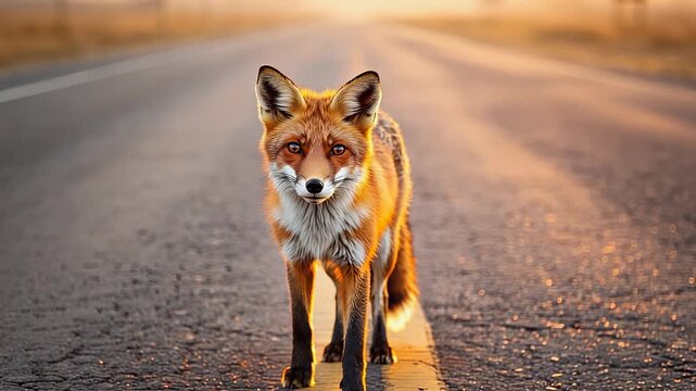 Majestic Red Fox Walks Confidently Along Rural Road at Dawn, Capturing Wildlife Beauty and Serene Countryside Ambiance.