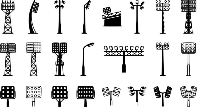 Stadium Floodlight Silhouette and Outline Illustration for Sports Venues and Events &ndash; Black Vector Illustration