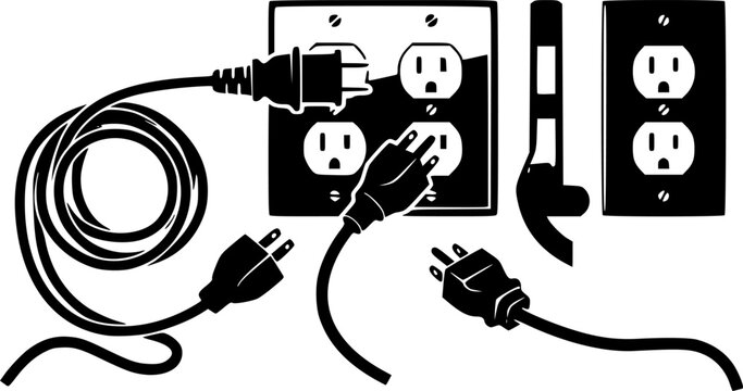 Electrical outlets and plugs in a simple black silhouette &ndash; Black Vector Illustration