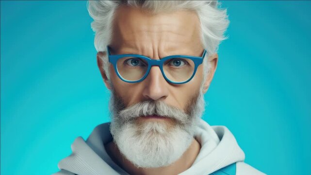 Bearded Man with Sunglasses and Blue Background