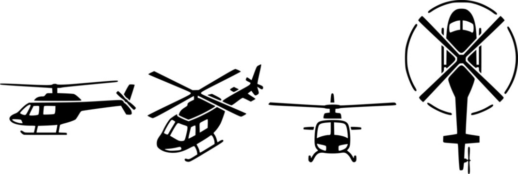 Helicopter aircraft icon set featuring four diverse views in a simple black silhouette for aviation and transport &ndash; Black and White Vector Illustration