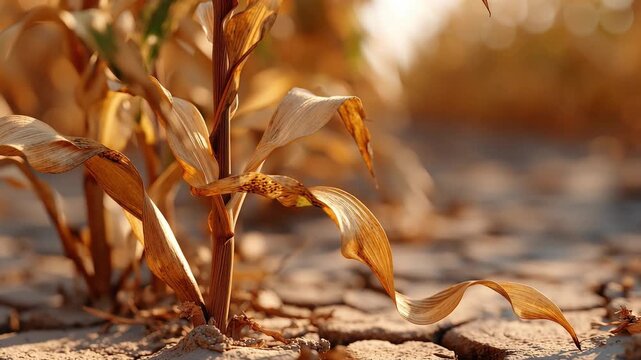 Corn crops show signs of drought with wilting leaves and cracked earth in a rural area during fall. The lack of water affects growth and agricultural productivity in this region.