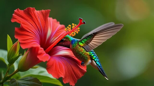 Vibrant hummingbird hovers near bright orange hibiscus flower in lush green environment macro close up