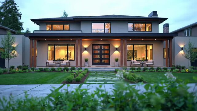 Serene cinematic dolly push-in video of a luxurious two-story home with manicured lawn, stone driveway, glowing interior lights, and modern outdoor furniture. Concept of peaceful luxury living