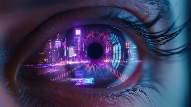 Close up of human eye with neon lit cityscape reflected in iris dilating in real time futuristic ambiance