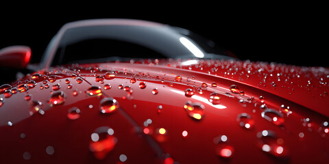 Close-up macro photography of fresh water droplets on a glossy red car hood, reflecting light in a dark studio setting, highlighting the sleek curves and wet texture of the vehicle's bodywork.