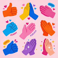 Fototapeta premium Diverse expressive hands showing gestures like thumbs up, high five, and praying, adorned with hearts and text, conveying positivity, connection, and emotional states