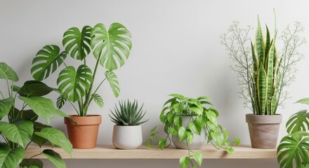 Obraz premium Modern indoor shelf with diverse green houseplants in natural daylight for home decor and wellness