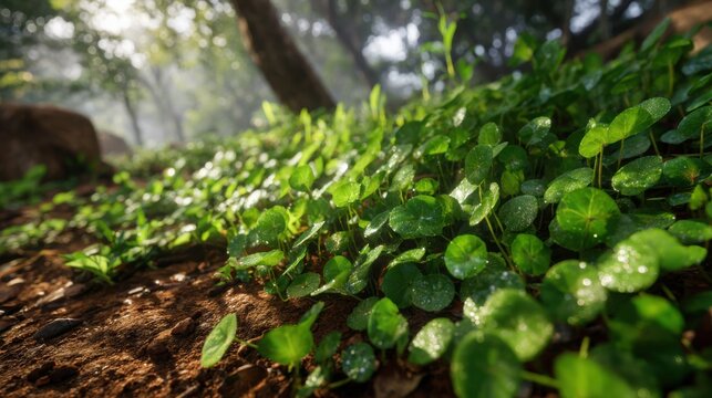 Lush green gotu kola plants with dew drops in a sunlit forest clearing