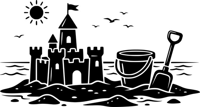 Beach toys and summer recreation icon set featuring simple black silhouettes of a sand bucket, spade, and castle &ndash; Black and White Vector Illustration