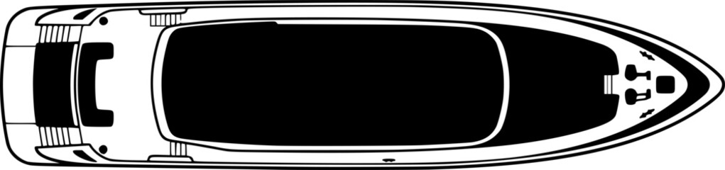 Obraz premium Modern naval architecture and yachting icon featuring a simple black silhouette of a luxury yacht deck plan in top view – Black and White Vector Illustration