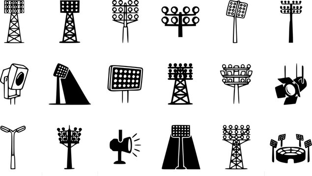 Stadium Floodlight Silhouette and Outline Illustration for Sports Venues and Events &ndash; Black Vector Illustration