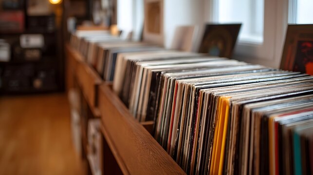 A close up view of a wooden rack filled with a colorful collection of vintage vinyl records