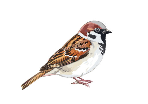 Detailed illustration of a common house sparrow perched on a white background