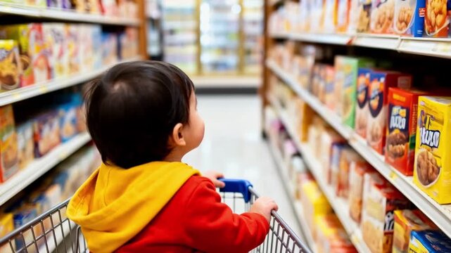 Little boy looking at cereal boxes on supermarket shelves. Toddler in shopping cart choosing food in grocery store aisle. Family shopping and childhood concept