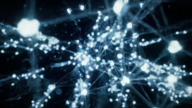 Cinematic tracking video through a vast abstract digital universe with shimmering data nodes and luminous streams against deep cosmic background. Concept of global data flow and complex AI processing