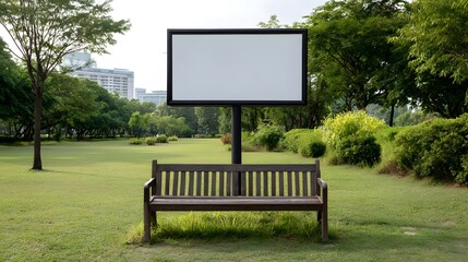 Fototapeta premium A blank modern billboard stands behind a wooden park bench in a lush green outdoor space with trees and city buildings in the background