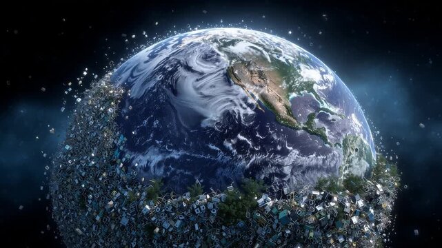 The Earth is shown with a large amount of waste surrounding it. The scene suggests a crisis as the planet is covered with debris. This image represents an environmental issue during fall.