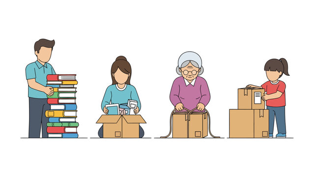 Packing and Preparing for Relocation: A family diligently prepares for a new chapter by packing belongings, boxes, sealing them. Each person contributes to the important task.