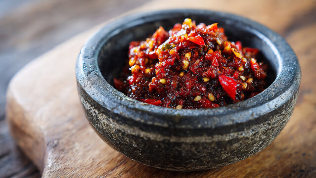 Authentic Indonesian Spicy Sambal Terasi Served in a Traditional Stone Mortar