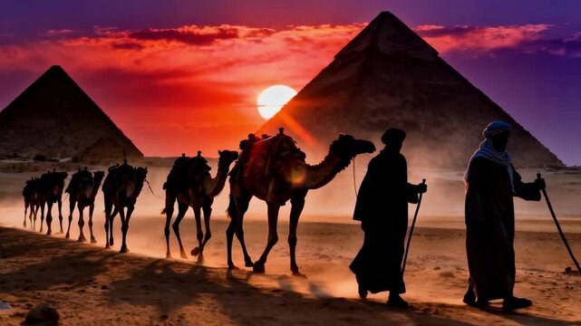 Camel caravan walking in the desert with Egyptian pyramids at sunset. Silhouettes of bedouins and animals traveling across sand dunes. Middle east travel concept